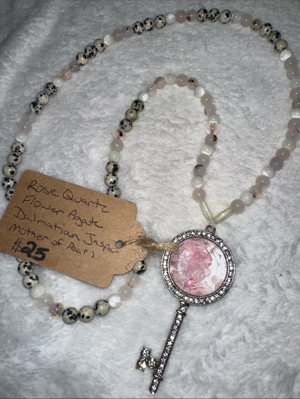 Pink Roses And Pearl Stretch Necklace (Rose Quartz, MOP, Flower Agate) - Picture 1 of 6